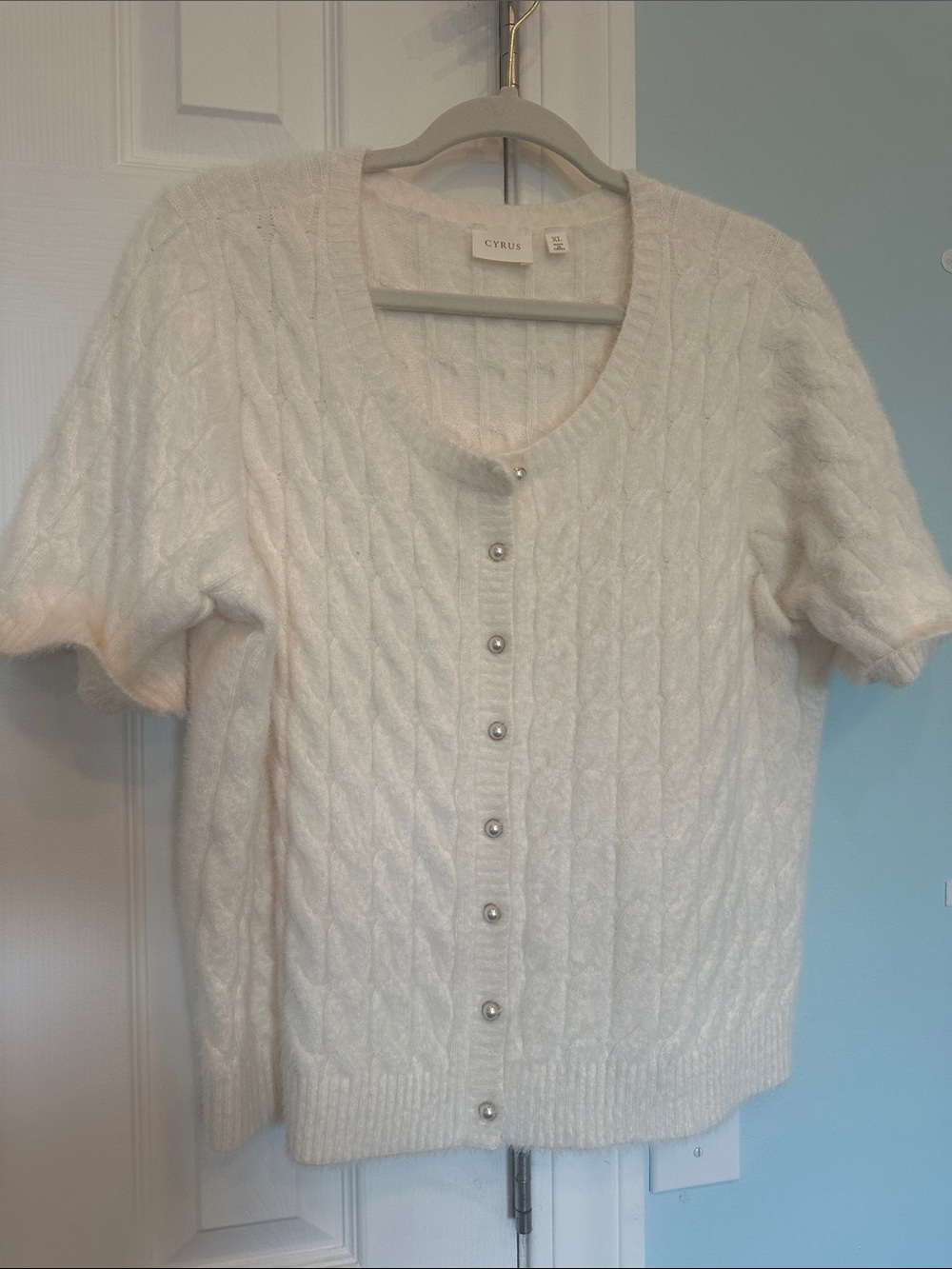 Cyrus Cream Cable-Knit Short Sleeve Cardigan with Pearl Buttons